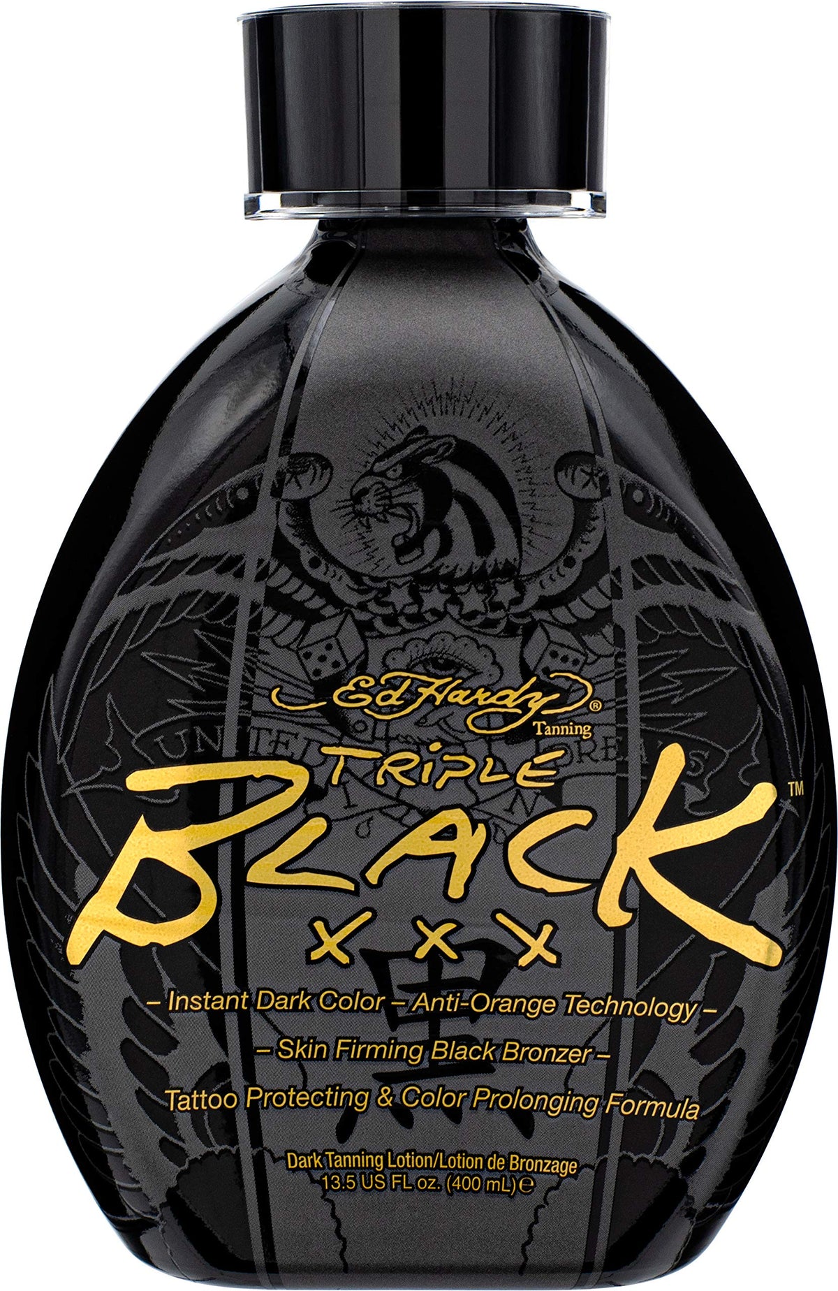 Ed Hardy Black XXX tanning lotion bottle ready for instant deep bronze.