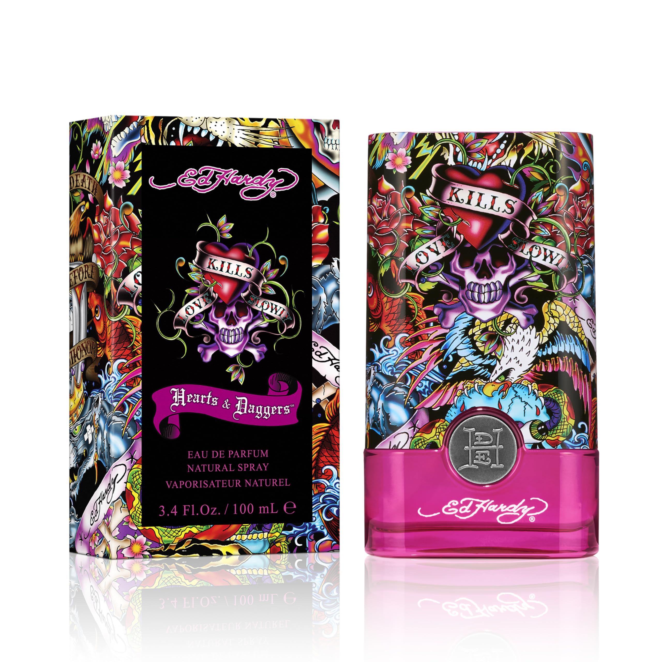 ED HARDY Hearts & Daggers bottle close-up highlighting bold design for confident evening wear
