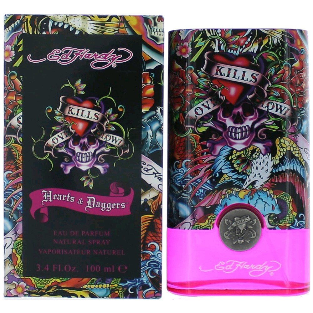 Ed Hardy Hearts & Daggers bottle pour display, ideal for daily wear and special occasions.