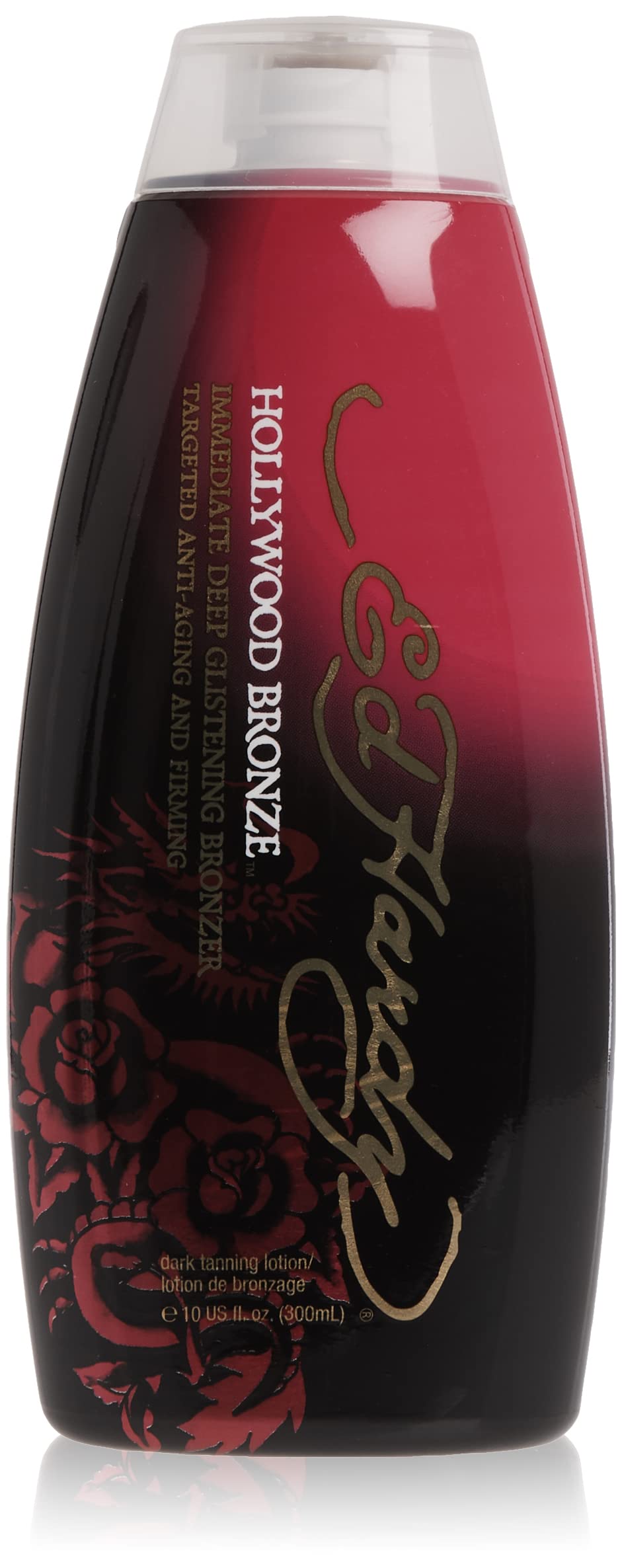 Botella de Ed Hardy Hollywood Bronze Lotion para un bronceado profundo y uniforme.