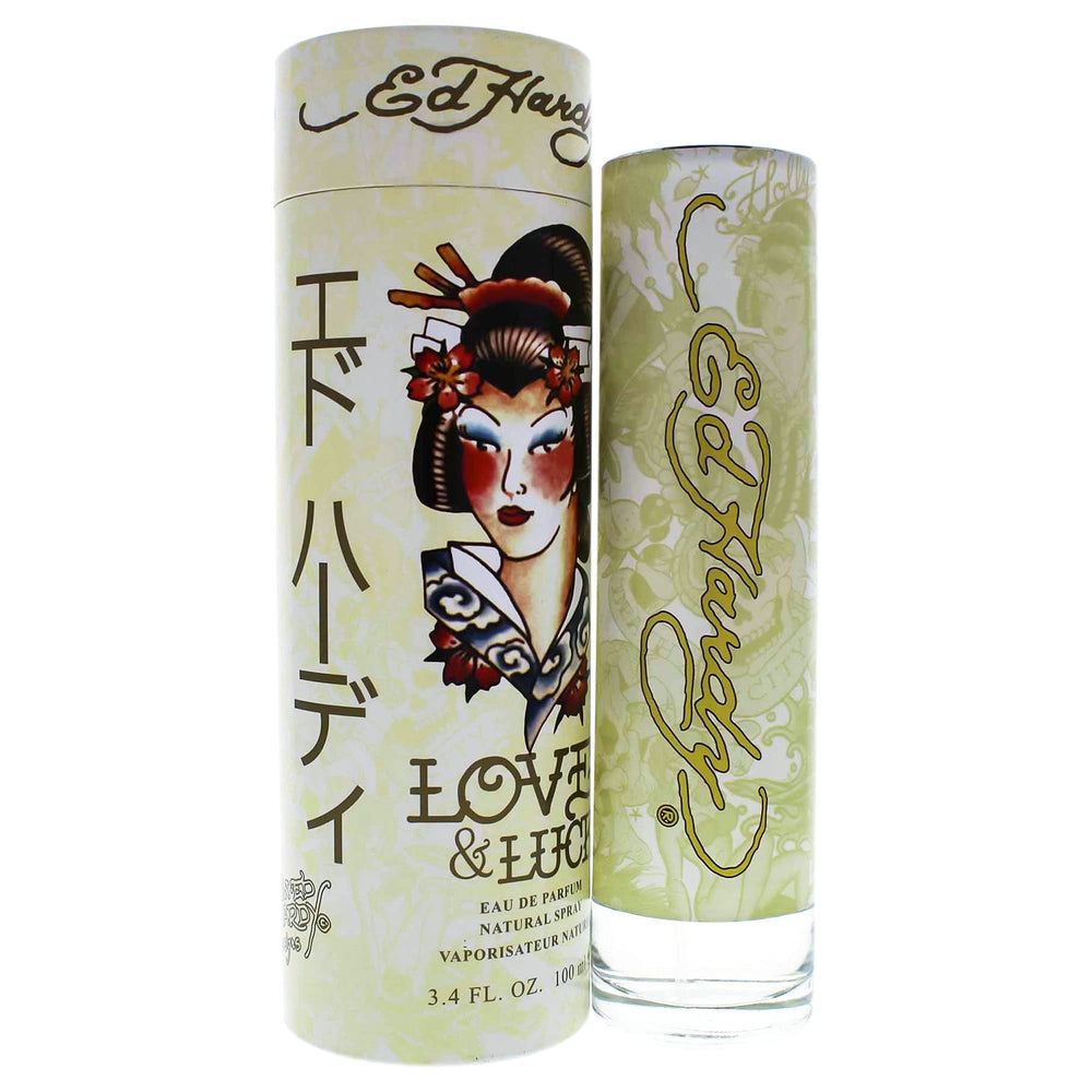 Ed Hardy Love & Luck packaging highlighting the 3.4 oz eau de parfum