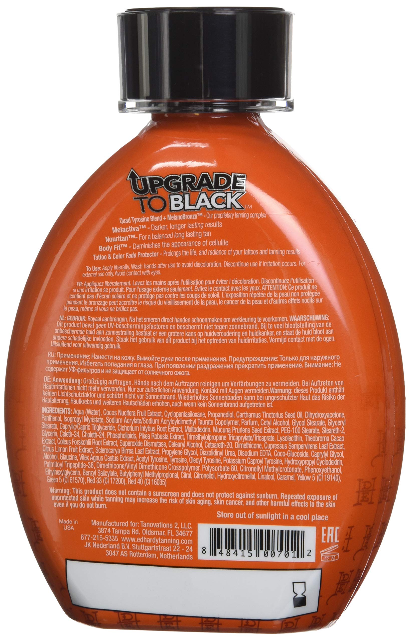 Ed Hardy Upgrade to Black Bronzer label close-up highlights MelanoBronze and DHA for faster tanning.