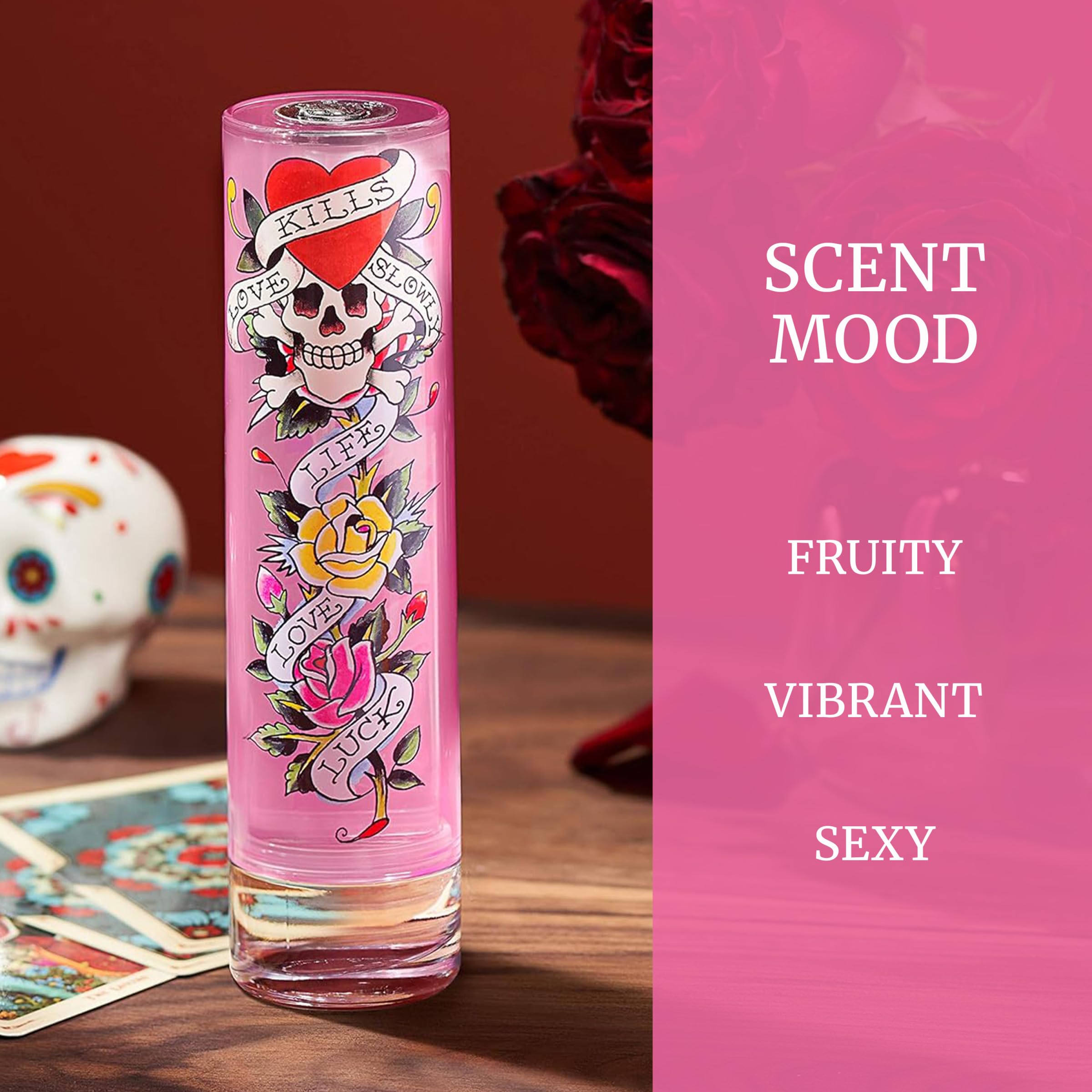 ED HARDY bottle silhouette emphasizes amber tones and confident presence.