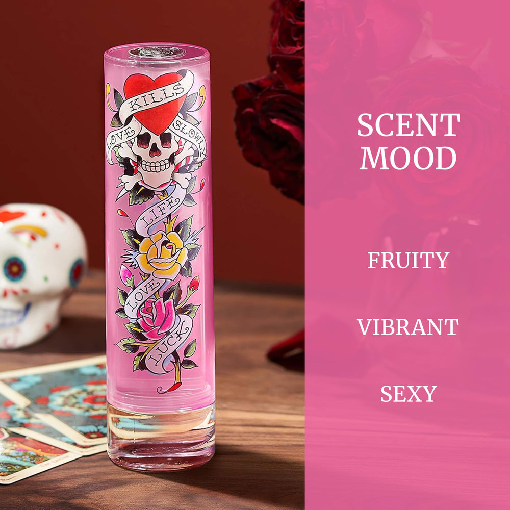 ED HARDY bottle silhouette emphasizes amber tones and confident presence.