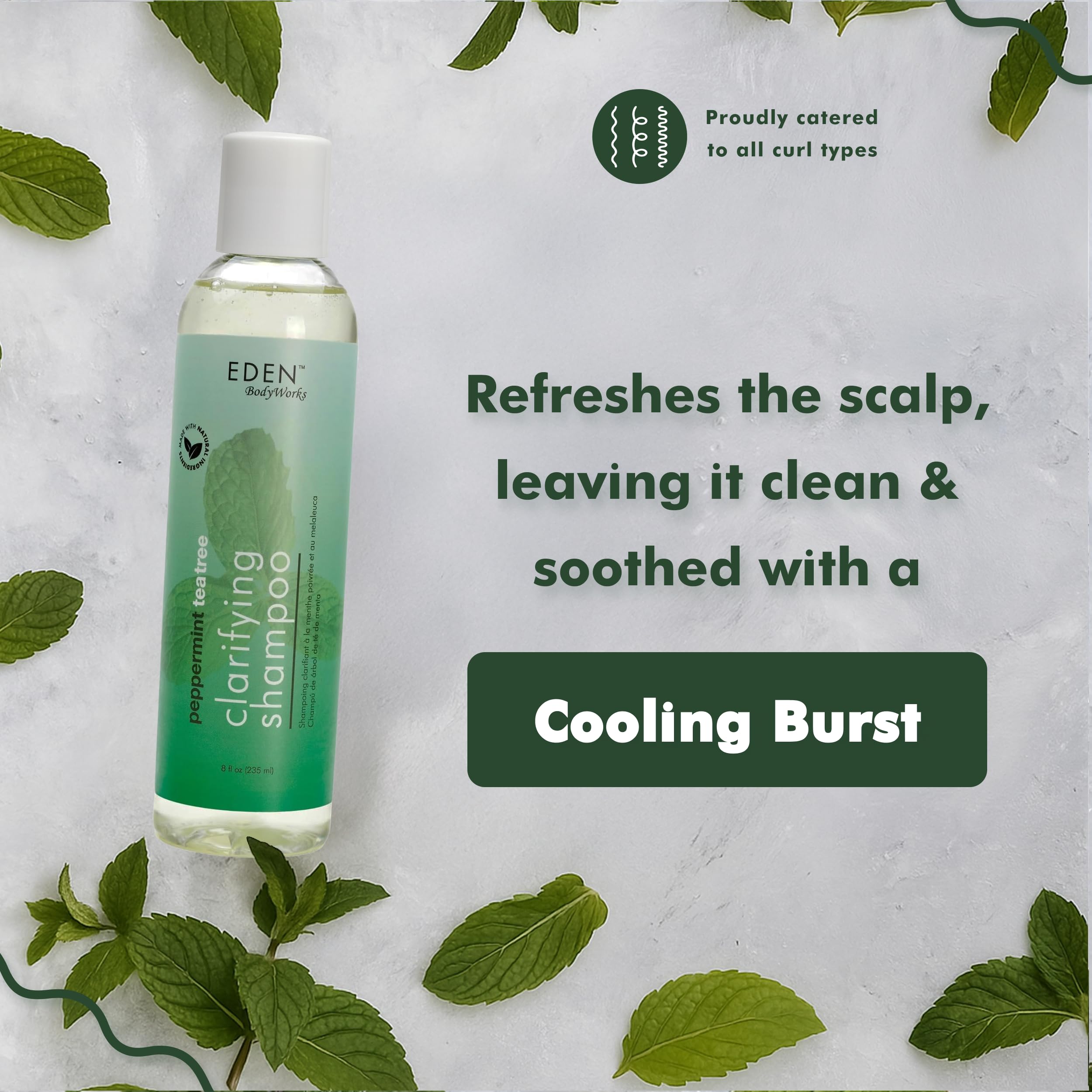 Con EDEN Peppermint Tea Tree Shampoo, cabello limpio y brillo saludable