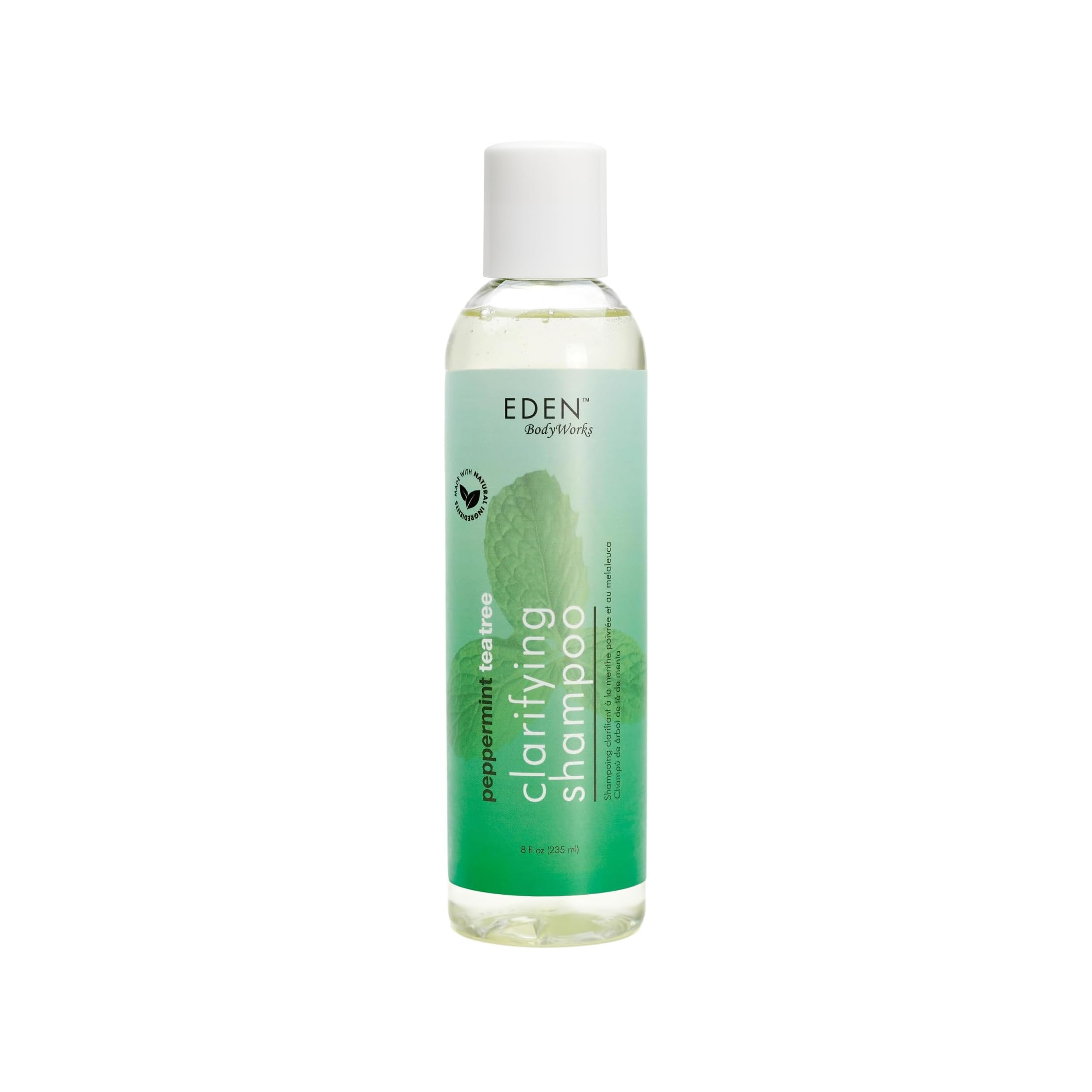 EDEN Peppermint Tea Tree Shampoo, botella vertiéndose, limpieza profunda del cabello