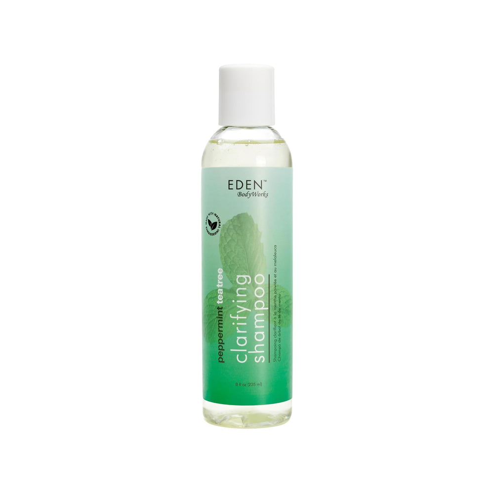 EDEN Peppermint Tea Tree Shampoo, botella vertiéndose, limpieza profunda del cabello