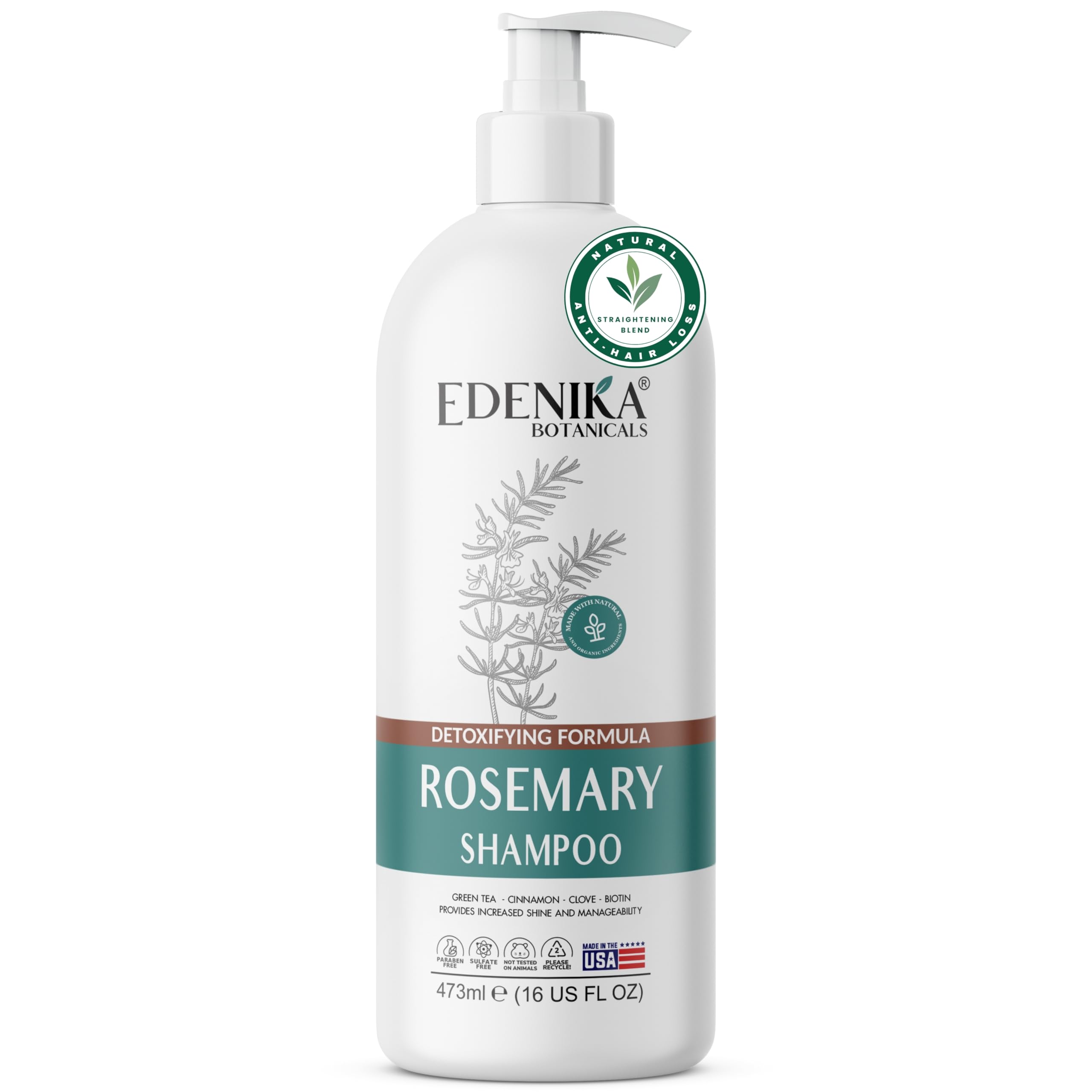 EDENIKA BOTANICALS champú romero con biotina, botella frontal para fortalecimiento capilar
