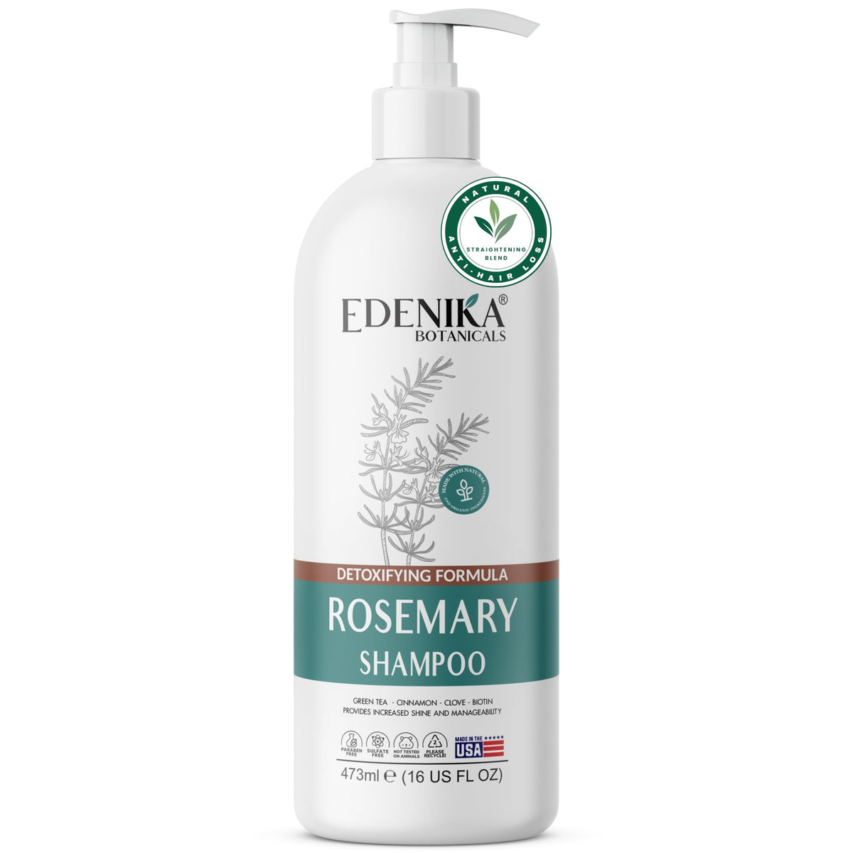 EDENIKA BOTANICALS champú romero con biotina, botella frontal para fortalecimiento capilar