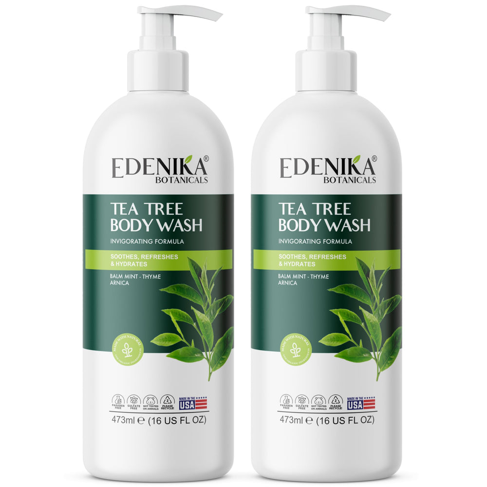 EDENIKA BOTANICALS gel de ducha con árbol de té, botella vertiendo para uso diario