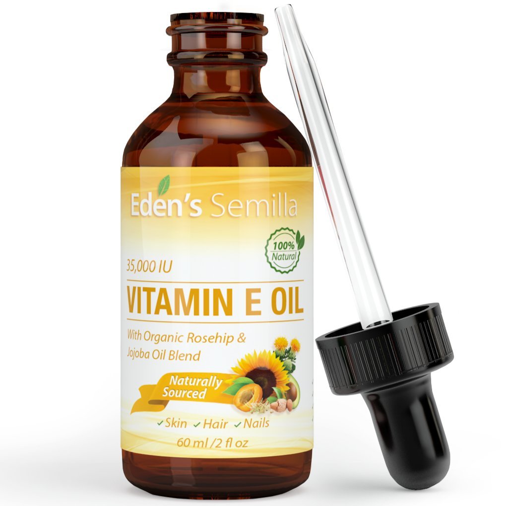 Eden's Semilla aceite Vitamina E en frasco, hidratación suave para rostro y cuerpo.