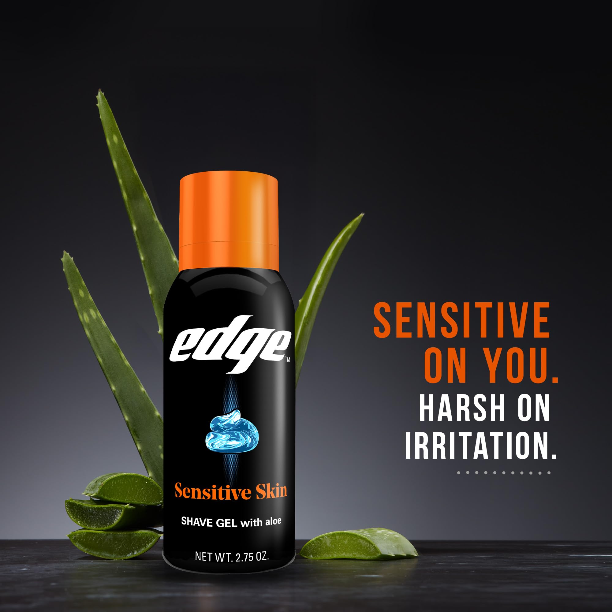 Edge sensitive skin gel reduces irritation for a cleaner shave.
