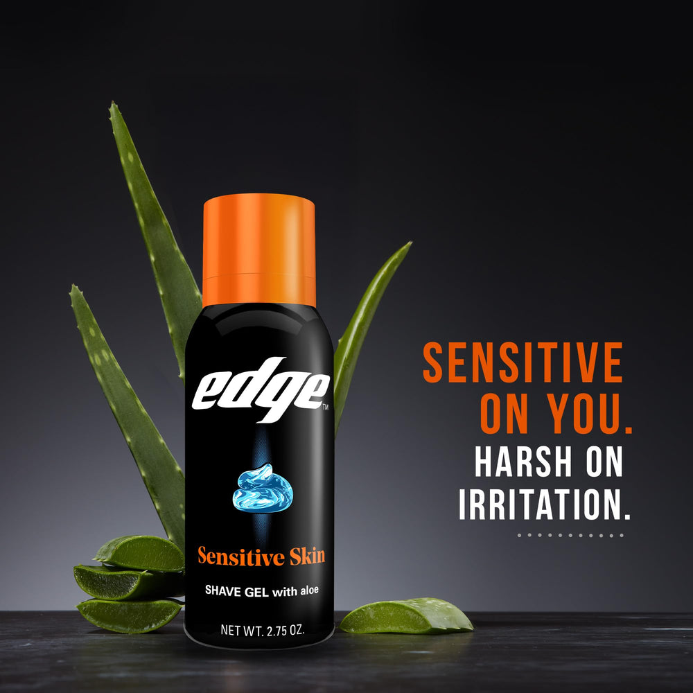 Edge sensitive skin gel reduces irritation for a cleaner shave.