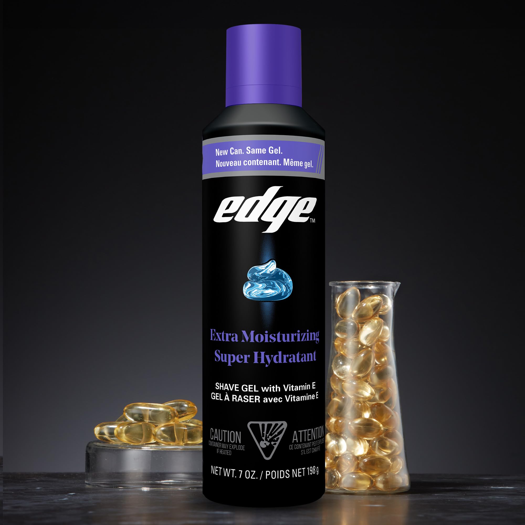 Edge shaving gel bottle shows cooling formula for a refreshing shave