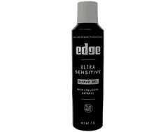 Edge Ultra Sensitive Shave Gel bottle back shows dye- and paraben-free formula.