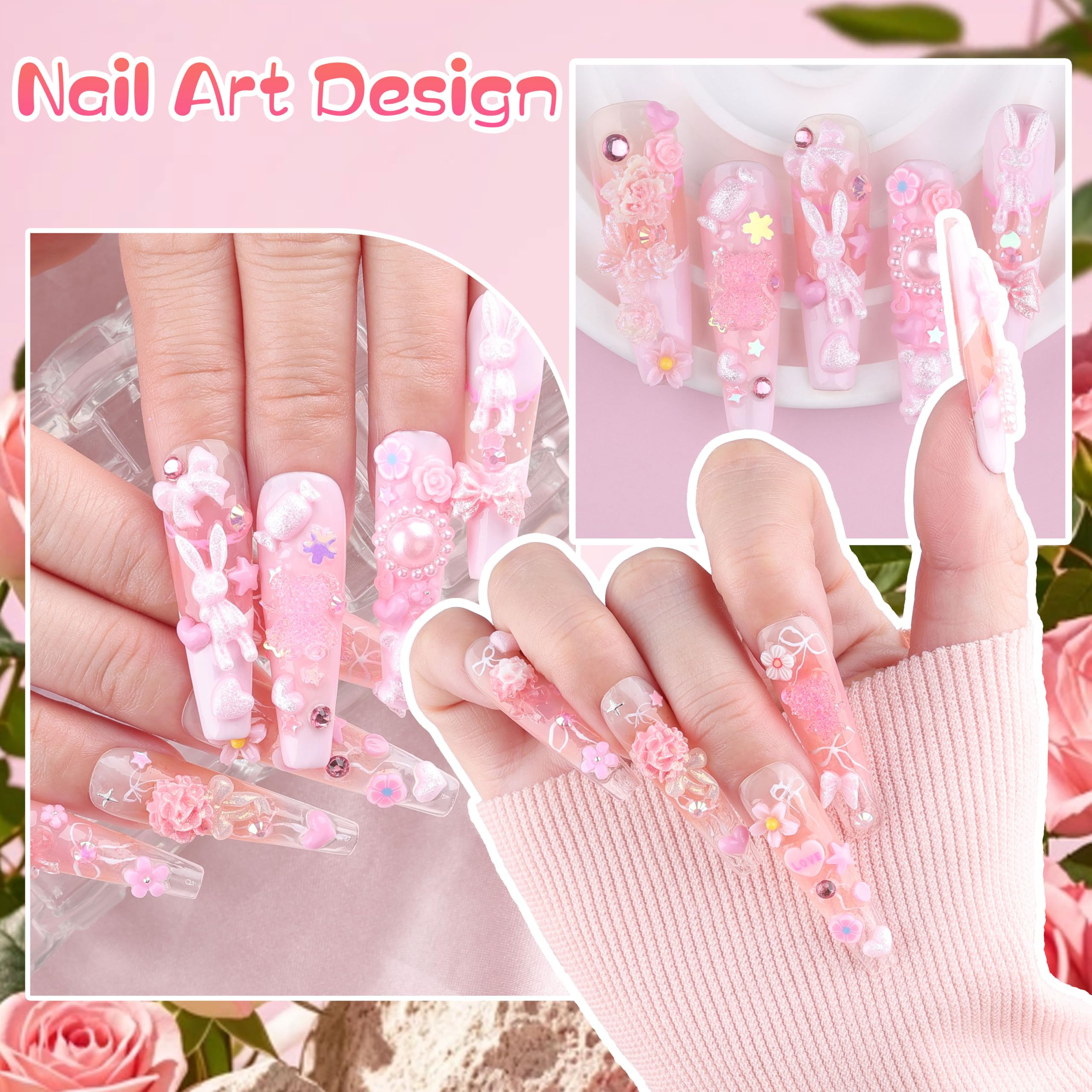 editTime adorno 3D para uñas, conejo rosa, opción adorable para personalizar