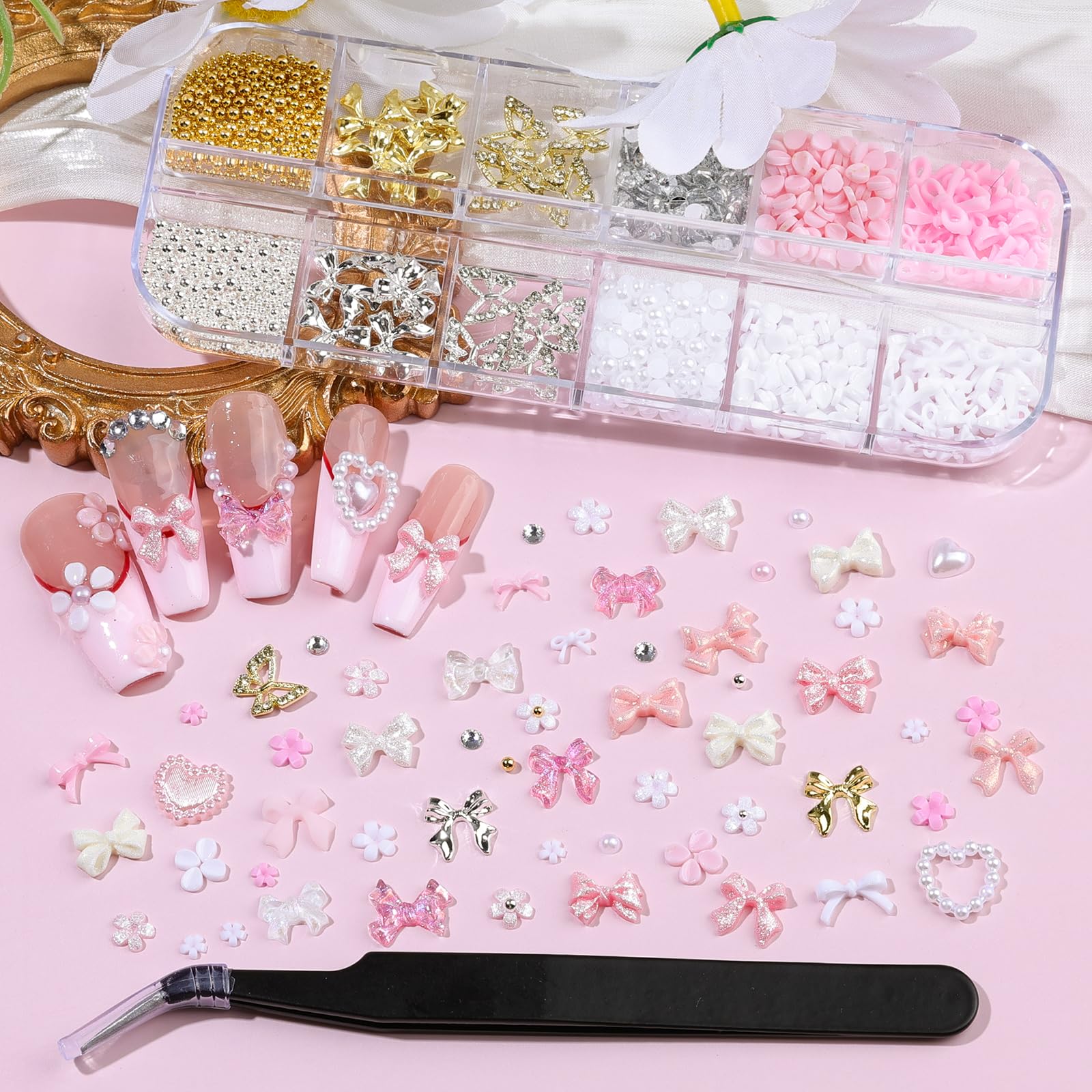 EditTime flores tridimensionales rosa y blanco para uñas elegantes.