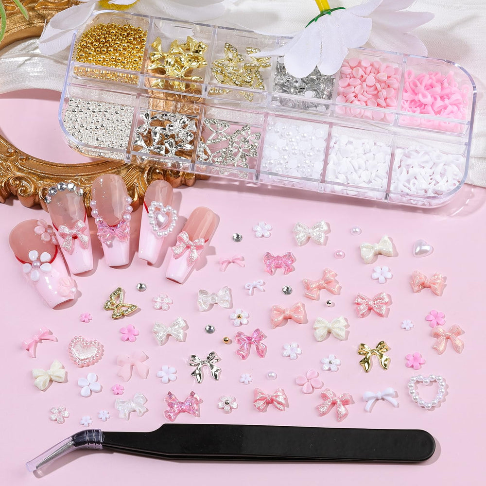 EditTime flores tridimensionales rosa y blanco para uñas elegantes.