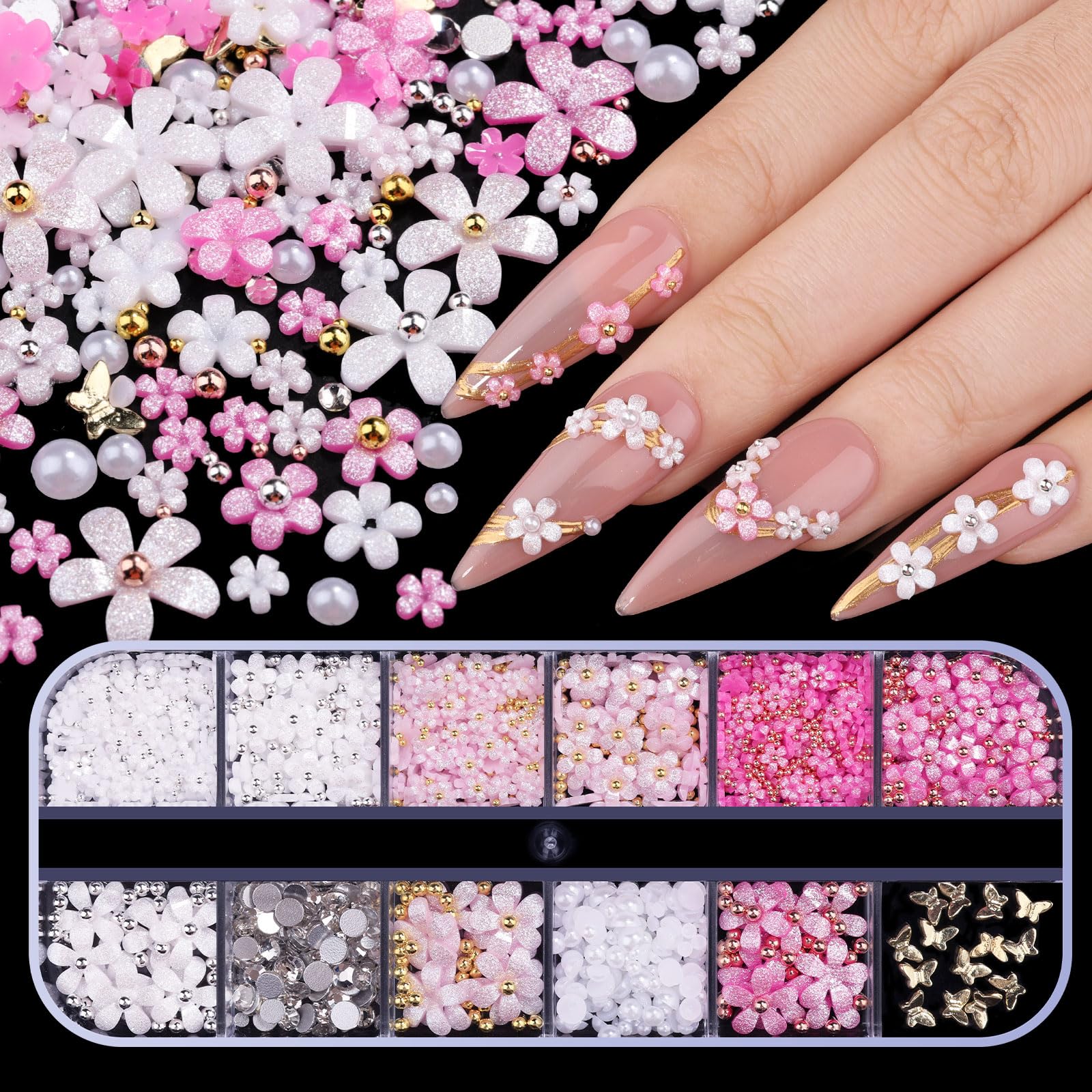 Edittime flores glitter 3D para uñas, ideal para decoraciones brillantes.