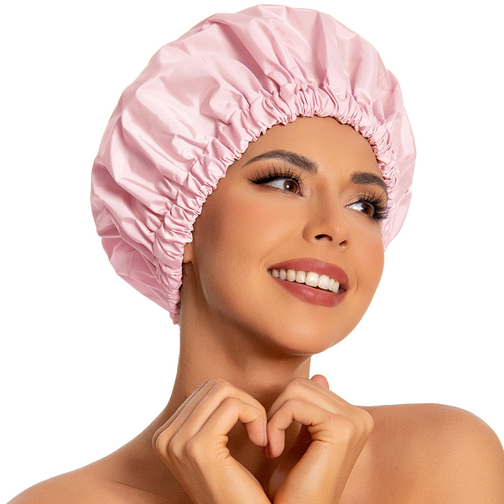 Gorro de ducha Edoneery grande y rosa en frente, evita que el cabello se moje