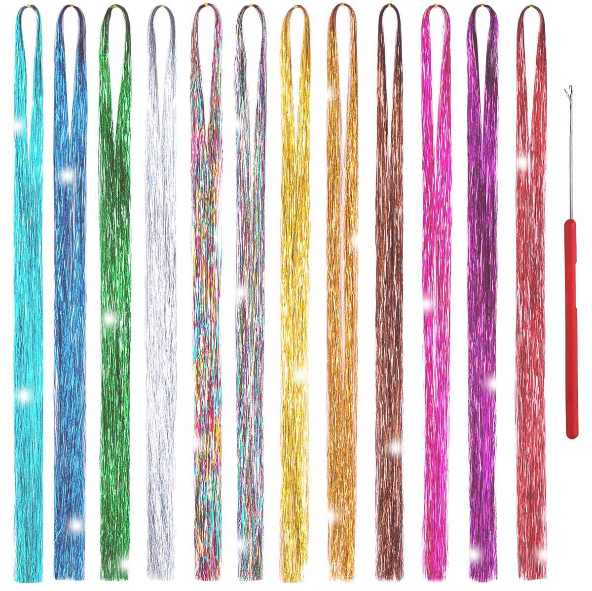 Edoneery Hair Tinsel 12 colors 48 inches adds festival sparkle to any style