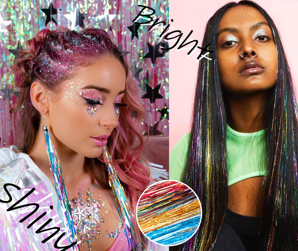 Edoneery hair tinsel festival glow highlights hair in bright colors