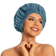 Edoneery haze blue shower cap back view with a large snug fit for long hair.