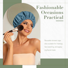Edoneery haze blue shower cap front view showing waterproof protection during showers.