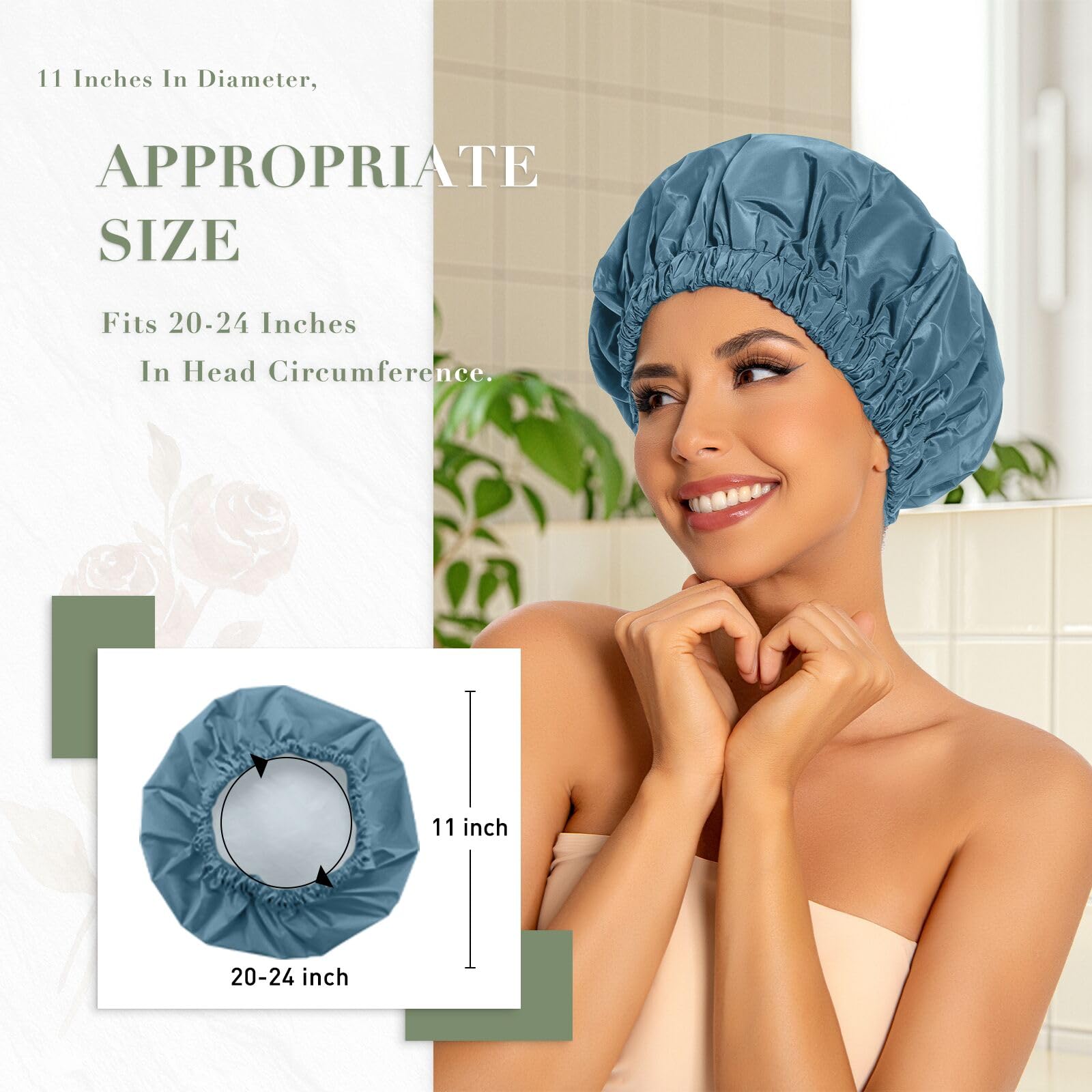 Edoneery haze blue shower cap on head demonstrating secure elastic fit.