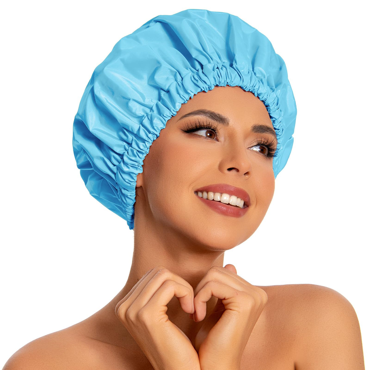 Edoneery lake blue shower cap showcases waterproof fabric for dry hair after showers.