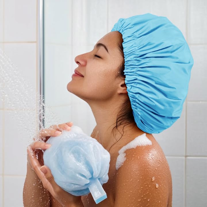 Edoneery long-hair shower cap provides full coverage against splashes.