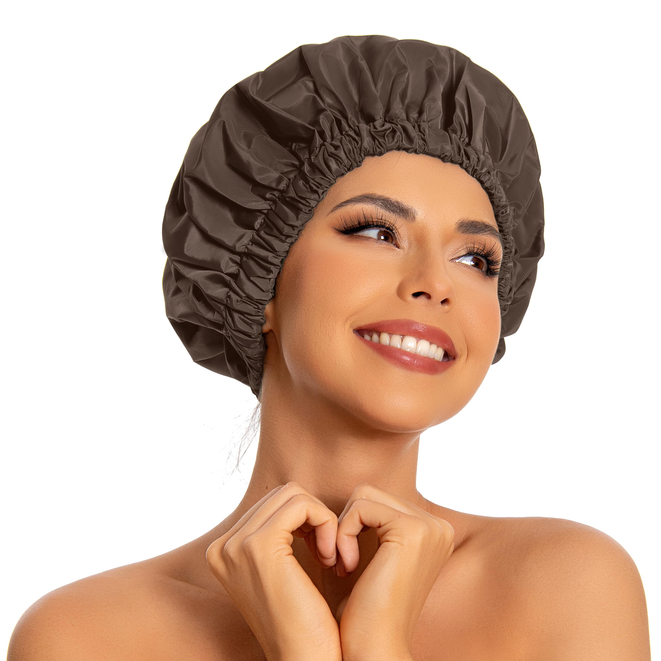 Edoneery reusable shower cap waterproof large dark coffee keeps long hair dry during showers