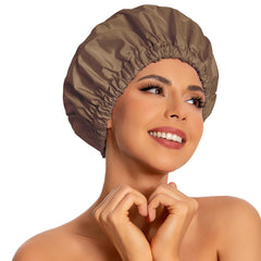 Edoneery reusable shower cap for women in brown, front view showing snug fit to keep hair dry
