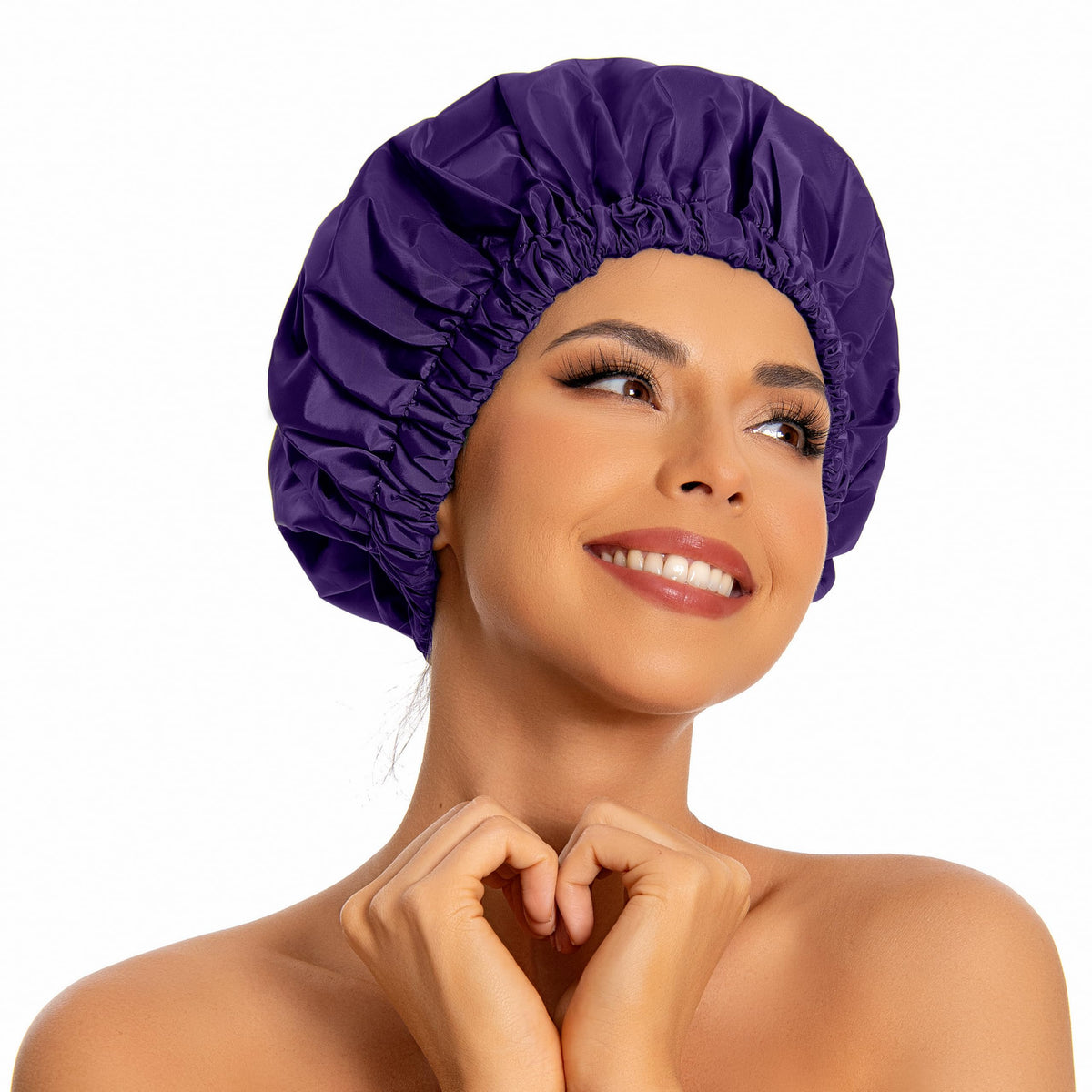 Edoneery reusable shower cap on head with secure fit for long hair during showers