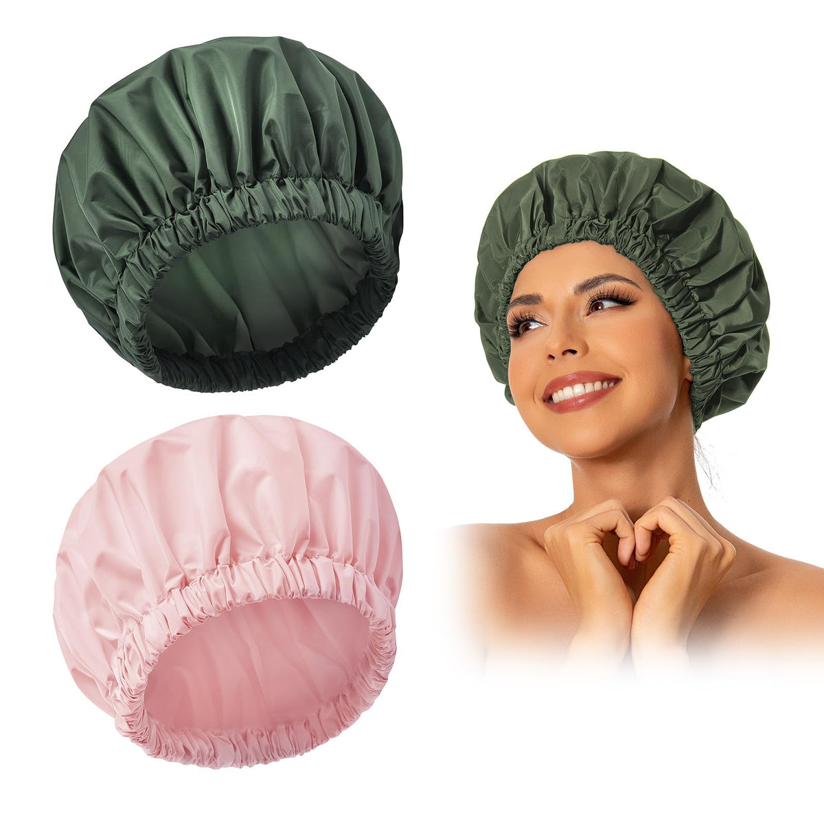 Edoneery shower cap for women, front view in pink and green, stylish and protective