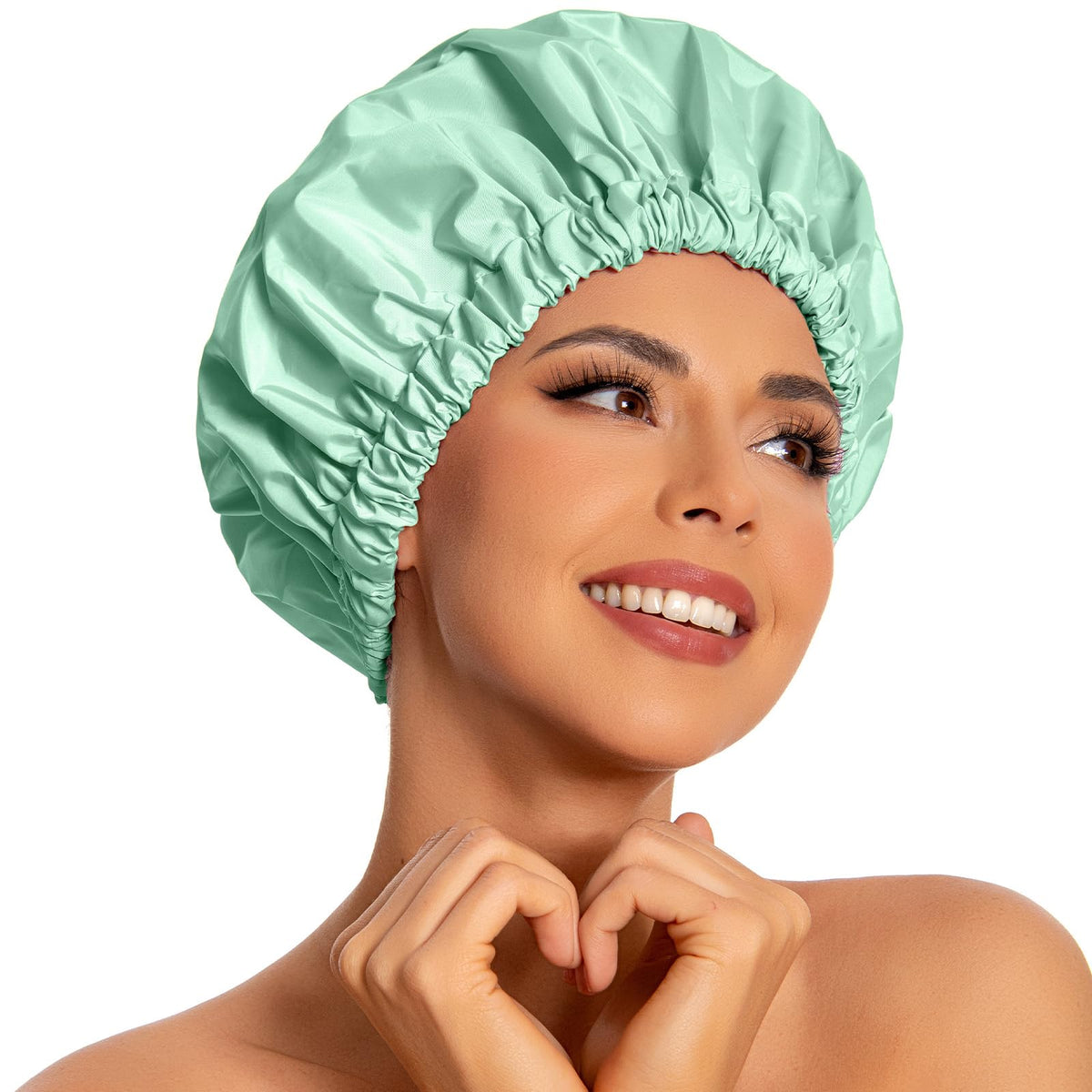 Edoneery reusable shower cap front view for long hair, large size, secure fit