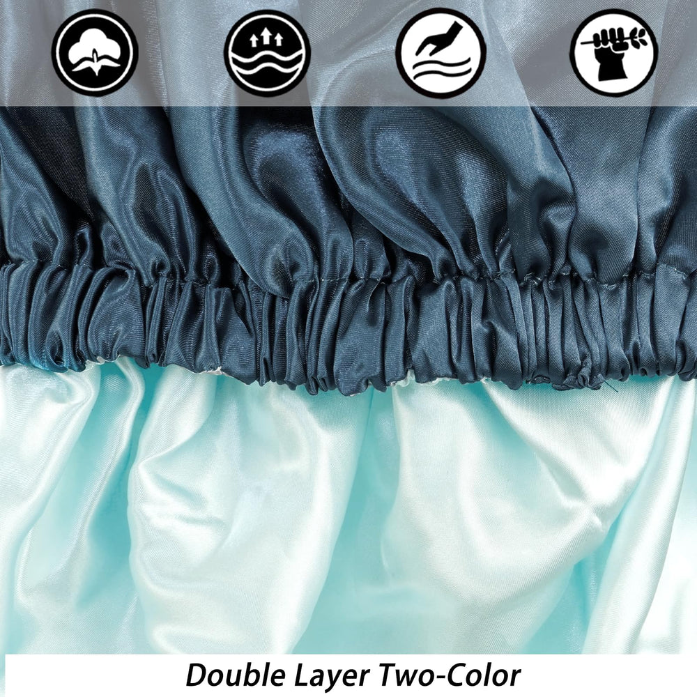 Edoneery satin bonnet blue zircon keeps hair smooth during chores.