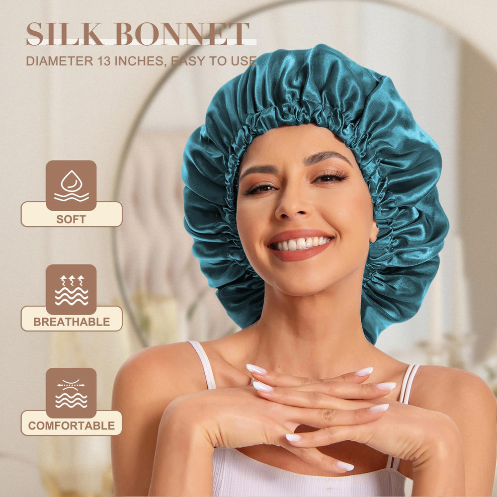 Edoneery satin bonnet blue zircon elastic band fit ensures secure sleep without marks.