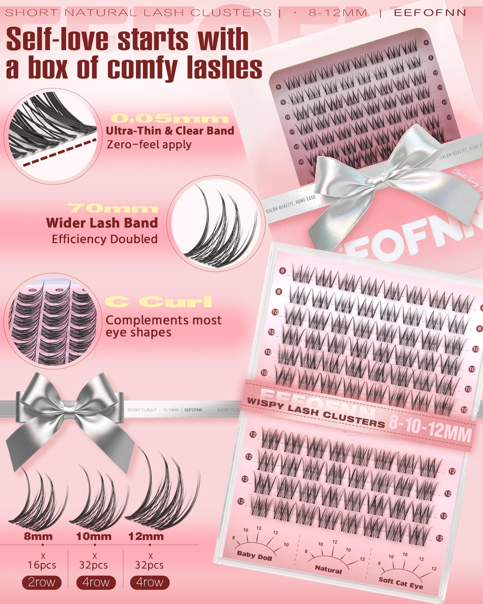 Eefofnn c-curl lash clusters deliver subtle lift for a natural look.