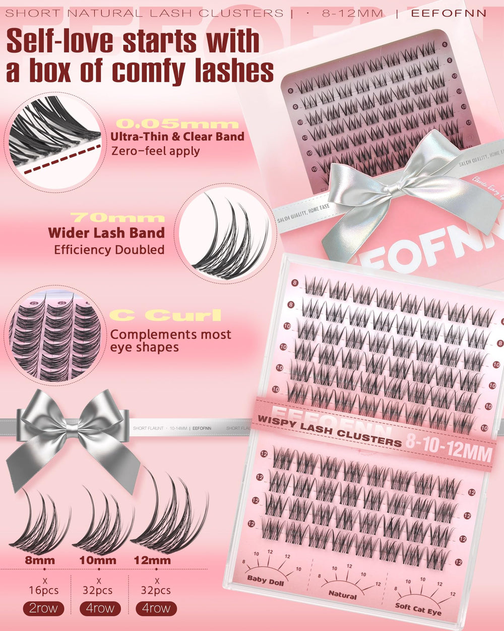 Eefofnn c-curl lash clusters deliver subtle lift for a natural look.