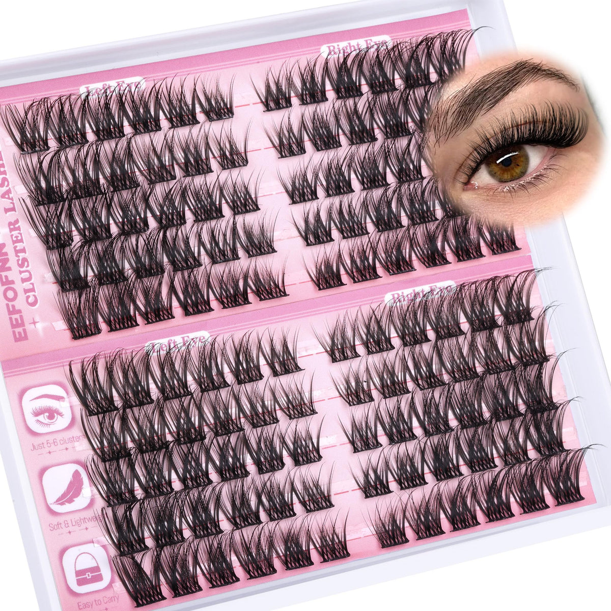 Eefofnn wispy lash clusters showing left-right division for quick, balanced application