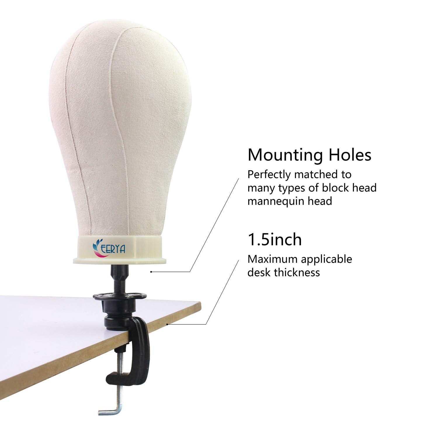 EERYA sturdy clamp head stand securing wigs in a salon setting.