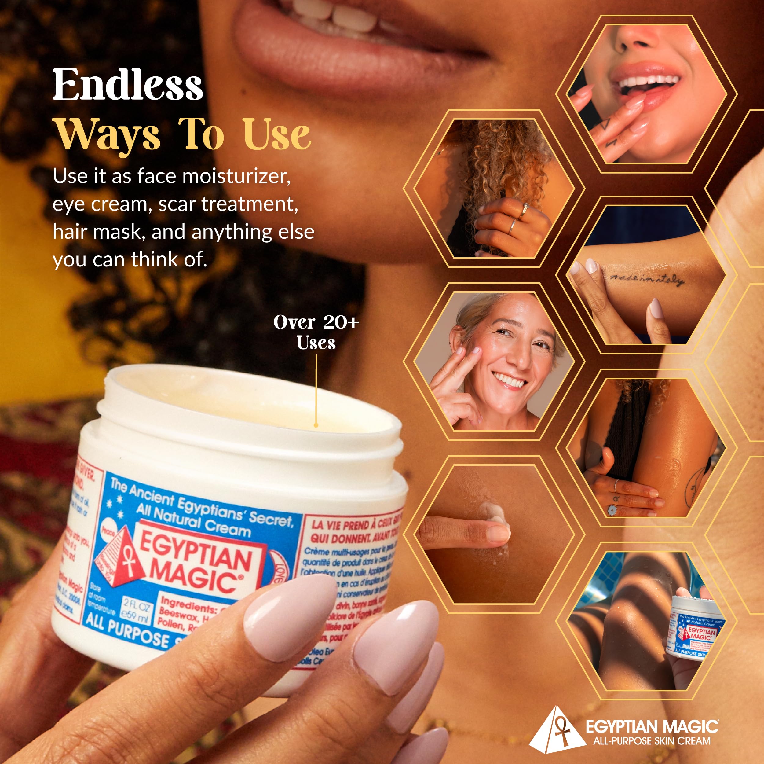 Egyptian Magic lip balm use showing smooth, protective shine