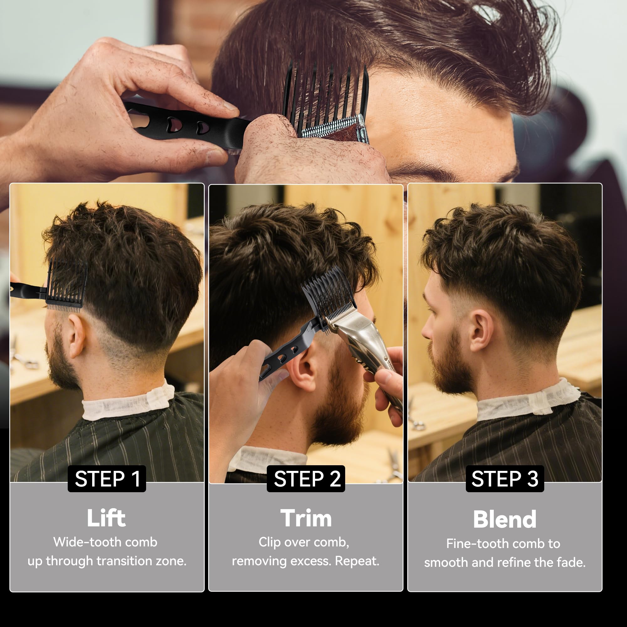 EHBELIF Blend Friend Fade Comb in use demonstrates seamless short-to-long transitions at home