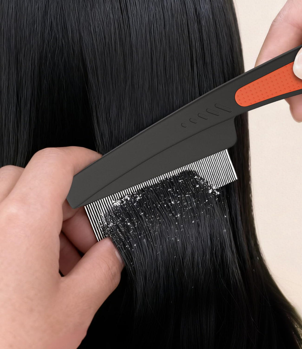 EHBELIF stainless steel dandruff comb with red long handle for durable daily use