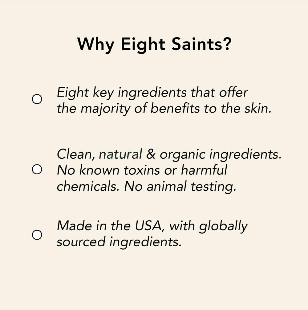 Eight Saints packaging box emphasizes cruelty-free, Maine-made skincare with global ingredients