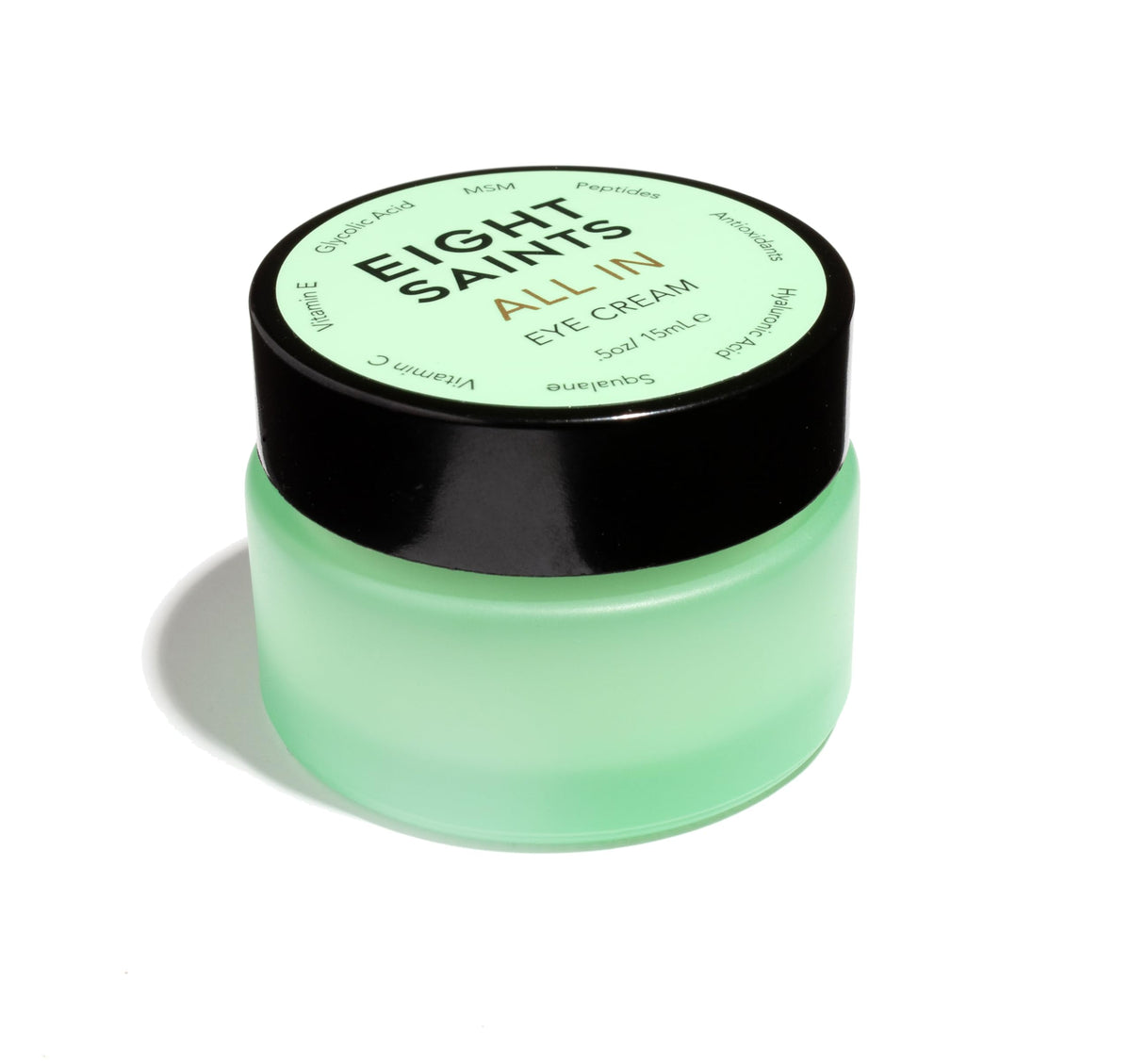 Eight Saints Eye Cream bottle close-up showing lightweight hydration for the eye area.