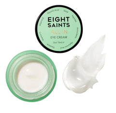 Ingredients visuals highlighting peptides and hyaluronic acid in Eight Saints Eye Cream.
