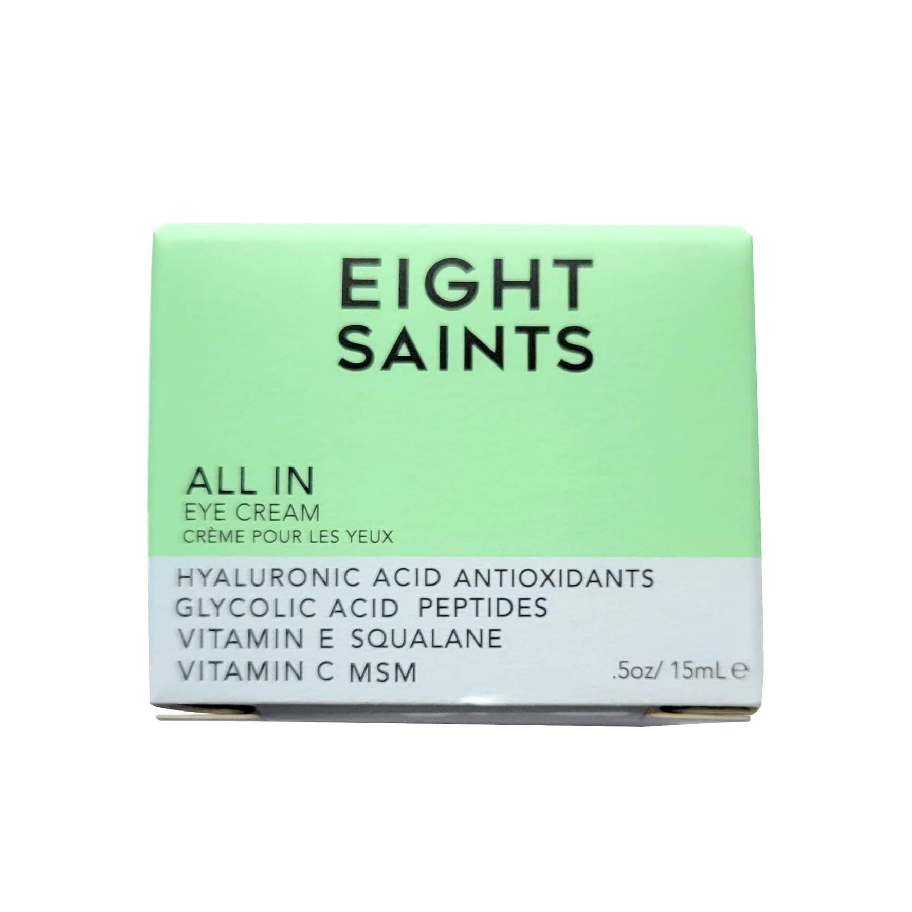 Packaging jar of Eight Saints Eye Cream on a vanity with cruelty-free claim.