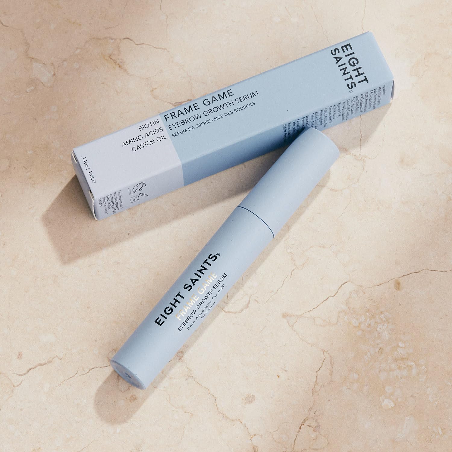 Eight Saints packaging signals cruelty-free, fragrance-free formulation for sensitive brows.